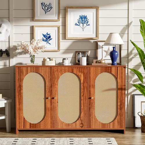 Merax Buffetschrank Küche, Rattan Kommode, Moderner stilvoller Sideboard mit 3 Türen, Großes Aufbewahrungsschrank für Esszimmer, Wohnzimmer und Küche (Nussbaum)