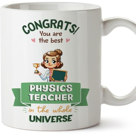 MUGFFINS Physics Teacher Woman Mug - in English - Best in Universe Trophy - Funny Gift for Colleagues - Ceramic 11oz Mug