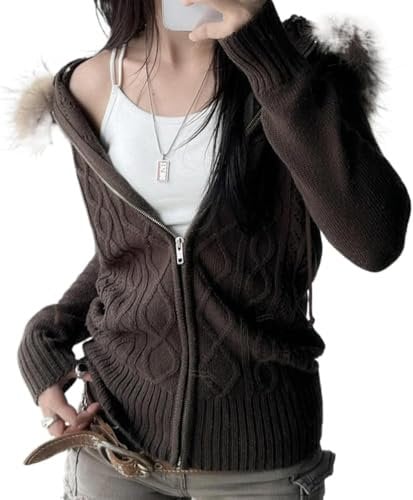 LLECDASEUI Faux Fur Trim Hoodies for Women, Y2k Cable Knit Long Sleeve Cropped Sweatshirt, Zip Up Slim Jacket with Fur Hood (L,Brown)