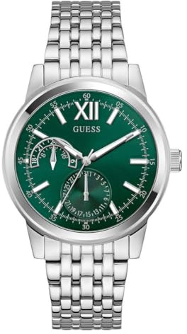 Guess Emerson Men's Stainless Steel Watch 42mm Silver Stainless Steel Bracelet 5 Bar Green Dial Date Display GW0976G5