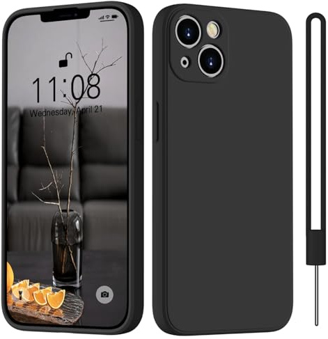 HGH für iPhone 13 Hülle Silikon mit Lanyard, Schwarz | Handyhülle für iPhone 13 Dünn Rundumschutz mit Microfiber-Innenfutter Kratzfest Schutzhülle