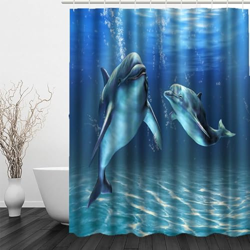 Dauphin Rideau de Douche 240x200 cm Anti Moisissure 3D Animaux sous-Marins Rideaux de Baignoire Tissu Lavable Imperméable Polyester pour Rideau Douche Salle avec 12 Crochets a.247