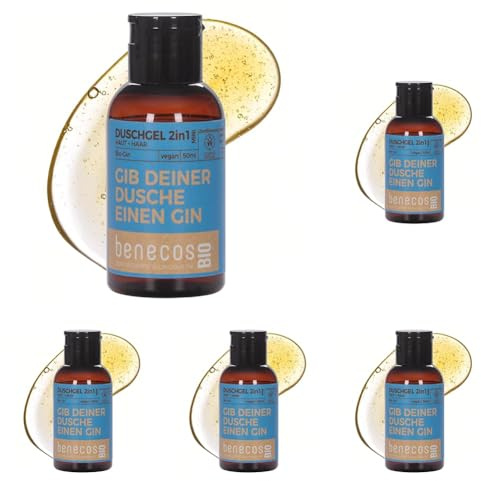BenecosBIO Mini Duschgel 2in1 Gib deiner Dusche einen Gin - Bio-Gin - zertifizierte Naturkosmetik - vegan - sanfte Reinigung für Haut & Haare - 50ml (Packung mit 5)