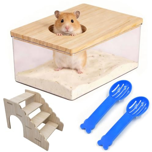 LIULINY Hamster Sandbad Container, 18,5 x 12,5 x 8,5cm Hamster Toilette | Sandbad Container mit Leiter 2 Schaufel, Acryl Sand Badezimmer Ratte Behälter Kleintier Sauna Sandkasten für Mäuse Chinchilla