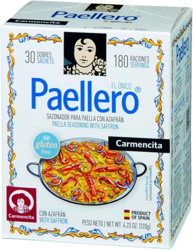 Paellero Carmencita Mezcla de Especias para Paella con Azafrán, Sin Gluten, 30 Sobres de 4g Ud., 180 Raciones - 120g