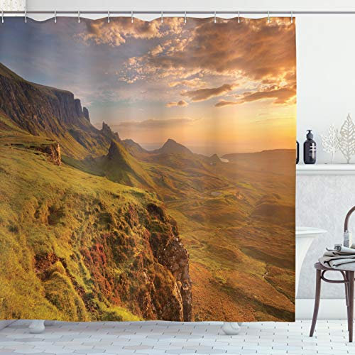 ABAKUHAUS Schottland Duschvorhang, Quiraing Famous Erhöhte, Stoffliches Gewebe Badezimmerdekorationsset mit Haken, 175 x 200 cm, Grünbraun