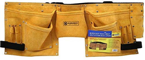 Marksman 8 x Pockets Professional Premium Tool Belt Large Double TAN Leather Adjustable Pouch Builders Construction Split Suede Apron Work Bag Holder Nails UK Free P&P
