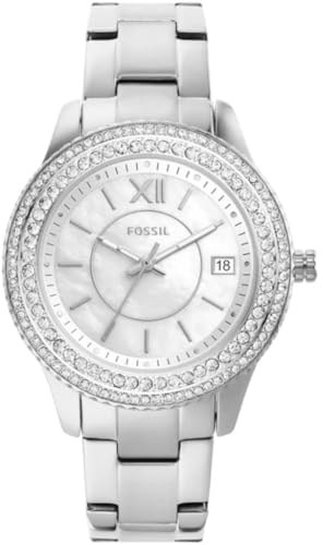 Fossil Uhr für Damen Stella, DreizeigerDatumswerk, 37mm Silbernes Edelstahlgehäuse mit Edelstahlarmband, ES5130