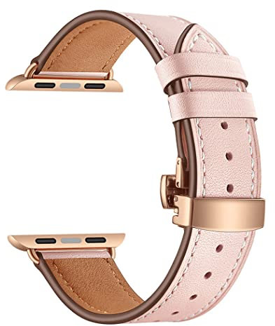 Correa de cuero para Apple Watch Band 41mm 40mm 38mm Correa de cuero genuino Pulsera de repuesto para iwatch Ultra Series 8 7 6 SE 5 4 3 2 1, Botón Rosa Rosa