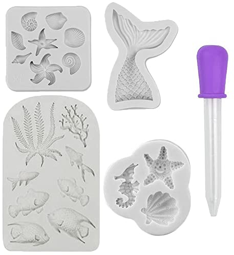 Molde de fondant para tarta de sirena, concha, concha, cola de sirena, algas, molde de pescado moldes de silicona DIY herramienta de cocción para cupcake topper fondant (4 piezas gris)