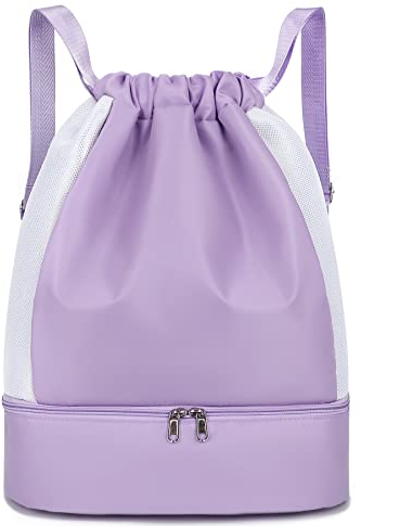 Keyck Turnbeutel Kordelzug Daypack, Wasserdicht Rucksack mit Schuhfach & Nassfach, Groß Sportbeutel für Damen Herren Teenager, Gym Tasche Trainingstasche für Sport Reisen Schwimmen Fußball, Violett