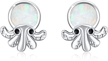 Opal Ohrstecker 925 Sterling Silber Süßer Octopus Ohrringe mit Weißer Opal Klein Kraken Ohrringe Tier Octopus Schmuck für Mädchen für Sommer Strand Trave