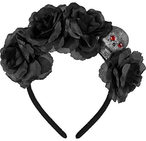 Balinco Dia de Muertos Haarreif mit schwarzen Rosen & Totenkopf Deko, Halloween Kostüm Damen, Tag der Toten, Haarkranz Blumen Schwarz, Kopfschmuck, Fasching