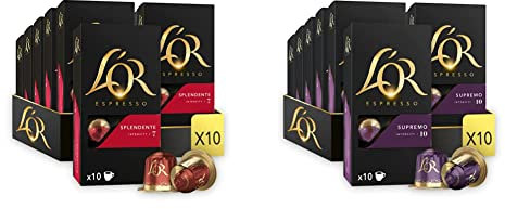 L'OR - Café Espresso - Splendente - Intensité 7 - Saveur Confiture d'Agrumes et Noisettes - 10 lots de 10 capsules aluminium & Espresso Café - 100 Capsules Supremo Intensité 10 -