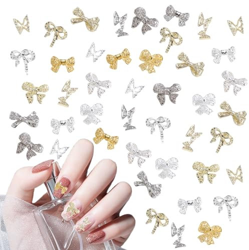 3D Bow Nail Charms, 80 Pcs Gold Silver Metal Nail Art Bow Gems Cute Hollow Butterfly Nail Art Charms Luxury Nail Jewelry Nail Art Decorations for Nail Design DIY Crafts (Bow)