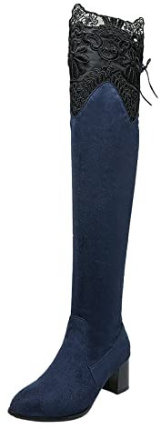 Westernstiefel Damen Weiß sexy ausgehöhlte Spitzen-High-Heel-Overknee-Stiefel Lammfell Gefüttert Herren (4-Blue, 42)