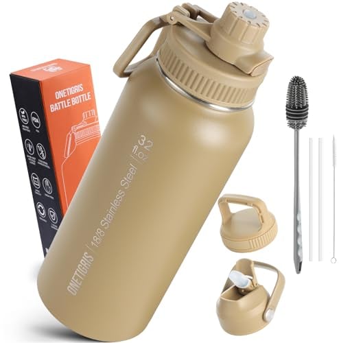 OneTigris Botella de agua de acero inoxidable 950ML, alta capacidad, botella deportiva con buen efecto aislante para bicicleta, camping, yoga, gimnasio, airsoft, Coyote marrón, 32 oz