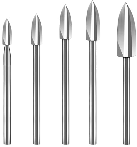 Holzschnitzwerkzeug, 5 Stück HSS Gravierwerkzeug Holz Gravierbohrer Schnitzmesser Set mit 3mm Schaft Rotationswerkzeuge Zubehoer 1/8“ Schaft für Holz Schnitzen, Bohren