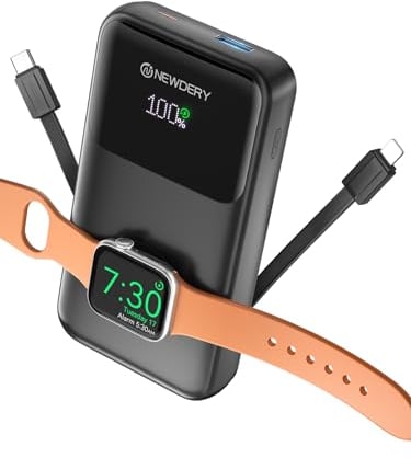 NEWDERY 10000mAh Magnetic Power Bank para Apple Watch Cargador con Cables, Carga Rápida Estación de USB C Paquete Baterías Viaje para iPhone Series 16/15/14/13/12, para iWatch Ultra/9-1, Negro
