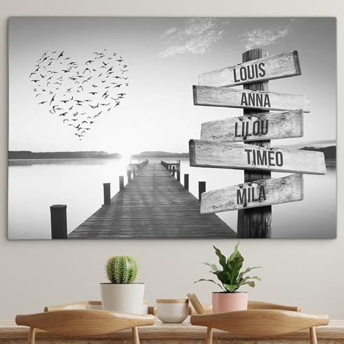 Générique Toile personnalisée avec cadre prénom famille Coeur et ponton coucher de soleil 75 x 50 cm Noir et Blanc tableau