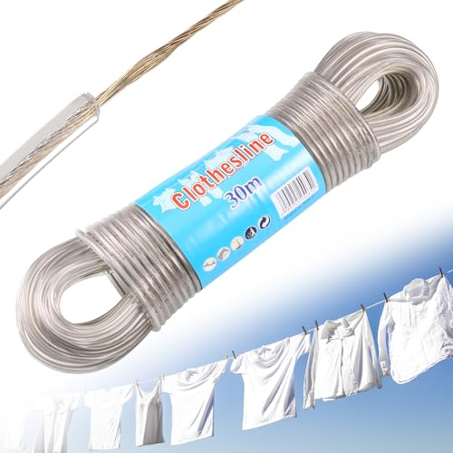 Filo per Stendere il Bucato da Esterno, 30m Cavo Stendibiancheria per Esterno, Corda per Stendere i Panni Esterno, 4 mm Extra Forte, Resistente Alla Ruggine e Alla Corrosione, Capacità 120 KG (Beige)