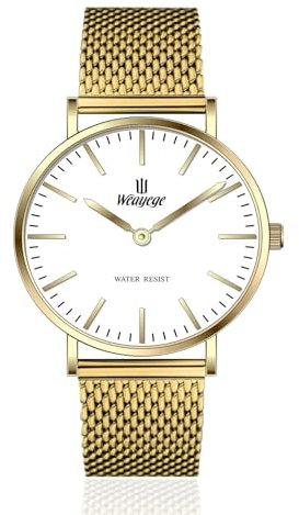 Weayege Damenuhr Gold,Damen Luxus Armbanduhr mit Edelstahlarmband,Damen Uhren Quarz Edelstahl Wasserdicht Mesh Ultradünne,1080p Full HD