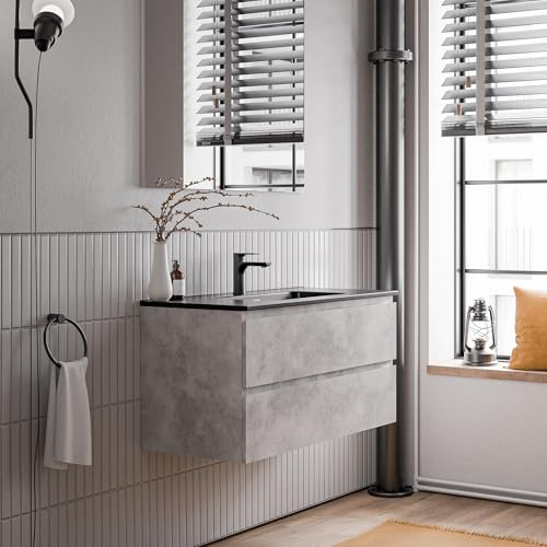 Bernstein Badmöbel-Set AVA 100cm, Waschbecken mit Unterschrank in Beton, Keramik-Waschbecken in Schwarz matt mit einem Hahnloch, Ideal für mittel große Bäder