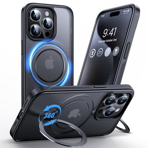 Anqrp 360° All-in-One-Ständerhülle für iPhone 15 Pro Hülle mit Rotierbarem Magnetischem Ständerringhalter, Stoßfeste MIL-Grade-iPhone 15 Pro Handyhülle 6,1 Zoll, Schwarz