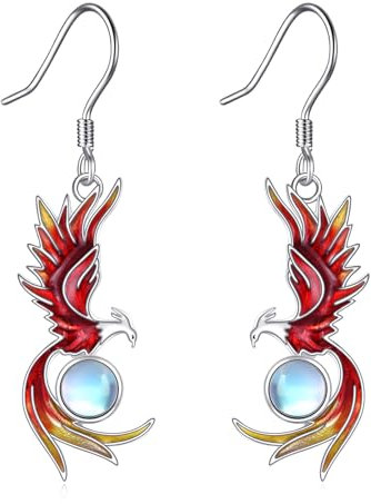 Phoenix Ohrringe 925 Sterling Silber Rote Phoenix Hänge Ohrringe mit Mondstein Aufsteigende Phoenix Ohrringe Hängende Phoenix Schmuck Geschenke für Damen Frauen Liebhaber.