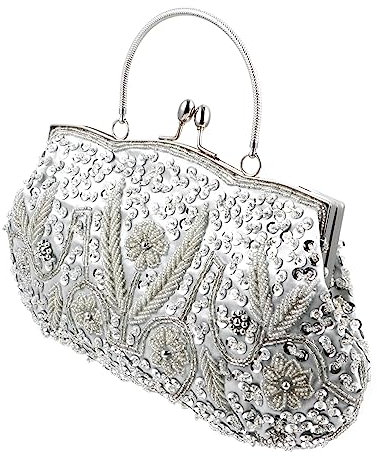 JEWEDECO Handgefertigte Mit Perlen Bestickte Abendtasche in Silber Clutch Für Damen Modische Partytasche Für Frauen