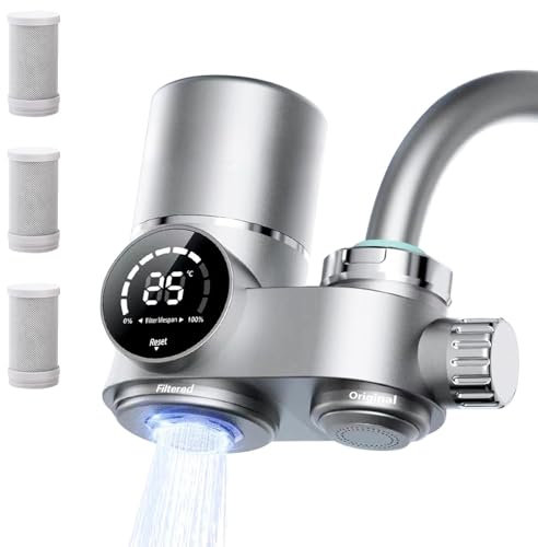 WOOLUCK® Filtre à eau pour robinet, avec lumière UV et Affichage LED, Enlève le plomb, le chlore et les métaux lourds (Inclure 3 cartouche filtrante)