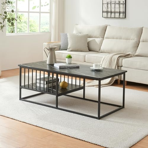 [en.casa] Couchtisch Raukurg Sofatisch mit einem Ablagefach Wohnzimmer 120 x 60 x 44 cm rechteckig Metallgestell Marmoroptik, schwarz