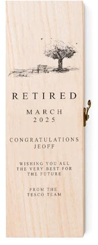 ukgiftstoreonline Personalised Retirement Wooden Wine or Champagne Bottle Gift Box,35 cm x 11 cm