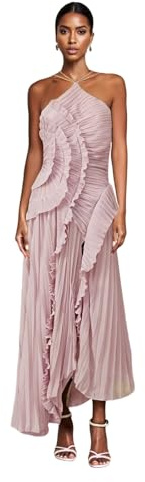 Alaurbeauty Robe longue plissée à volants pour femme - Sans manches - Dos nu - Irrégulière - Plissée - En mousseline de soie - Pour les invités de mariage