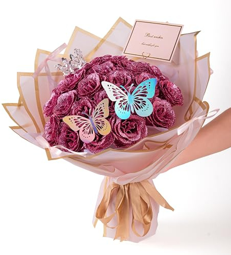 Joomsical Glitter Roses Bouquet, 24 Roses DIY Fake Flowers Bouquet, Everlasting Shiny Artificial Rose Bouquet, Valentine's Day, Anniversary, Engagement, Wedding, Pink