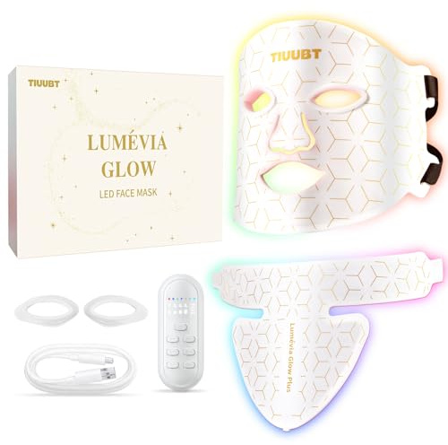 Masque LED Visage & Cou avec Proche Infrarouge, 7 Couleurs, Silicone Flexible, Sangles Réglables, Soin Lumineux à Domicile (Blanc premium)