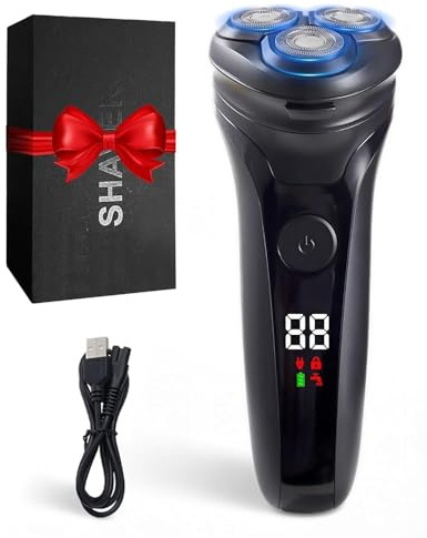 Rasoir Électrique Homme avec Écran LCD, 4D Tête Flottante, Rasoir Électrique Sans Fil Rechargeable, IPX5 Étanche pour Rasage Sec et Humide,3 Têtes Rotatives Double Piste,Tondeuse Pop-Up Intégrée(Noir)