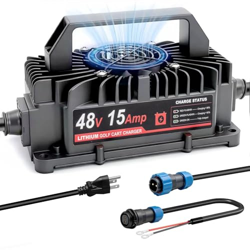 48V (58.4V) 15A Lithium Battery Charger, IP67 Waterproof Smart Charger, Overcharge & High-Temp Protection Trickle Charger for 48V (51.2V) Golf Cart RV Forklift Truck Boat Home LiFePO4 Battery