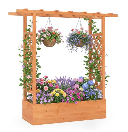 GOPLUS Pflanzkasten mit Rankgitter, Hochbeet Holz mit Spalier, Blumenkasten mit hängendem Dach, Ablauflöchern, Pflanzkübel für Kletterpflanzen, hängende Körbe, Sichtschutz Blumenkübel für Garten