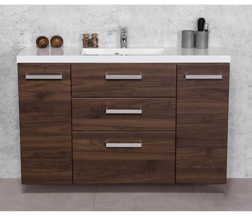 Quentis Badmöbelset Genua XL 120 cm, Waschbecken mit Unterschrank, Nussbaum | BxHxT 120x76x39 cm, 3 Softclose-Schubladen, 2 Türen, vormontiert