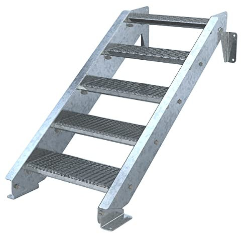 Außentreppe 5 Stufen 60 cm Laufbreite - ohne Geländer - Anstellhöhe variabel von 83 cm bis 100 cm - Gitterroststufe ST3 - feuerverzinkte Stahltreppe mit 600 mm Stufenlänge als montagefertiger Bausatz
