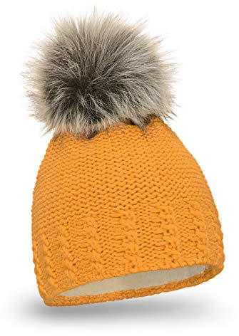 ELIMELI Damen Winter Mütze warme Strickmütze Wintermütze mit Bommel Slouch Strick Beanie Damen für Winter Bommelmütze Hergestellt in EU Farbenauswahl 14503 (Senfgelb)
