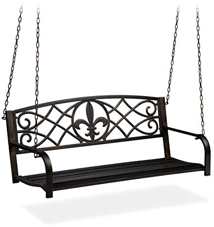 Relaxdays Hängebank, 2-Sitzer, Gartenschaukel zum Aufhängen, Vintage Design, Metall, HBT 197x133x58 cm, schwarz-Bronze