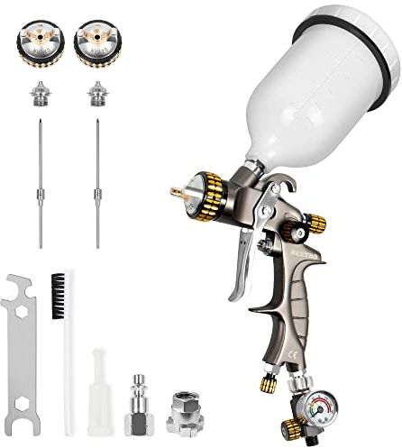 BEETRO HVLP Spray Gun Kit for Car Painting: 600ml, 14.5CFM, 30-43psi, 1.4/1.8mm Stainless Steel Nozzles, Type 2 Adapter, Air Valve, Filter (600ml,1.4+1.8mm)