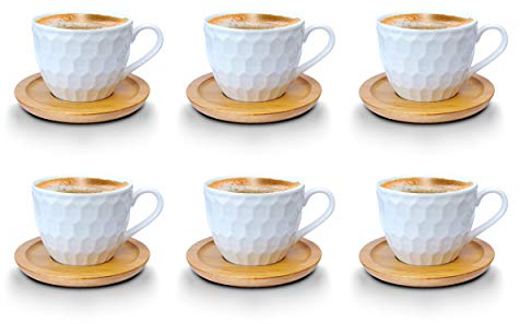 Kaffeetassen Espressotassen Cappuccinotassen mit untersetzer Holz Optik Porzellan 6 Tassen + 6 Untersetzer Weisse Kaffeetassen Set (Tasse 100 ml - Model 2)