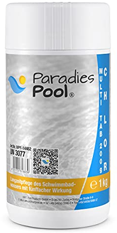 Paradies Pool Multi Tabs 200 g 1 kg, 4 in 1 Multi Tabletten mit Chlor, Algenschutz, Flockungsmittel, pH Stabilisator, zur Wasserbehandlung, Inhalt: 1 kg