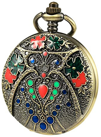 TREEWETO Montre à gousset pour homme avec boîtier mécanique en bronze 3D Motif chouette Multicolore Chiffres Ruman avec chaîne + boîte, bronze