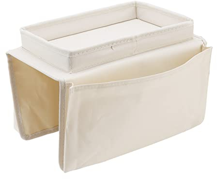 Nikou Vassoio per Divano Bracciolo per Divano Tavolo Portabicchieri Bracciolo Portaoggetti Pieghevole Tasche Laterali in Tessuto Oxford 600D(Bianco Crema)