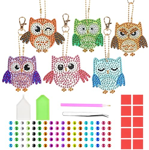 WEDNOK 6tlg Eulen Basteln Kinder Diamond Painting Herbst Schlüsselanhänger 5D Diamond Painting Anhänger Herbstsdeko Bastelset Diamant Malerei Schlüsselbund für Herbst Winter