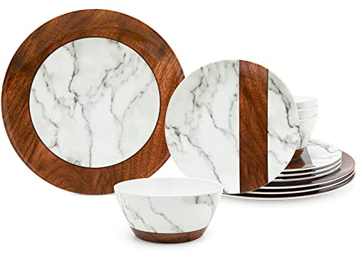 LEHAHA Rustic Modern Melamine Dinnerware Sets, Marble 12-Piece Lightweight Outdoor Plates and Bowls Sets, Unbreakable Wood Patterns Dishes Dinnerware Set, Service for 4…